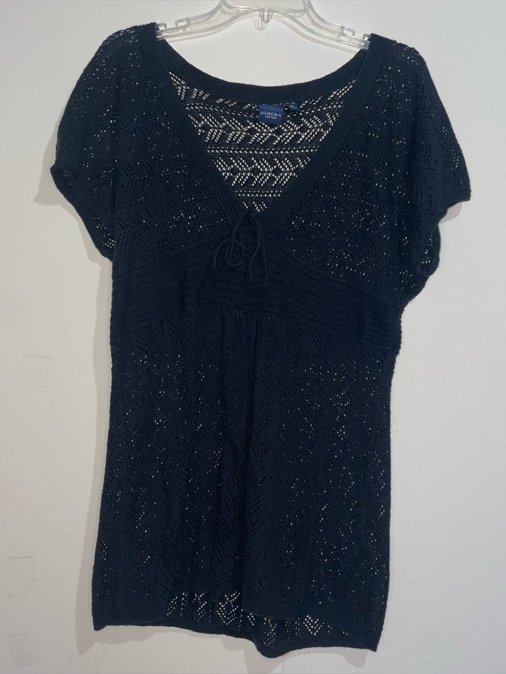 Sonoma Lifestyle XL Black Loose Pattern Knitted Short Sleeve Tie Front Top